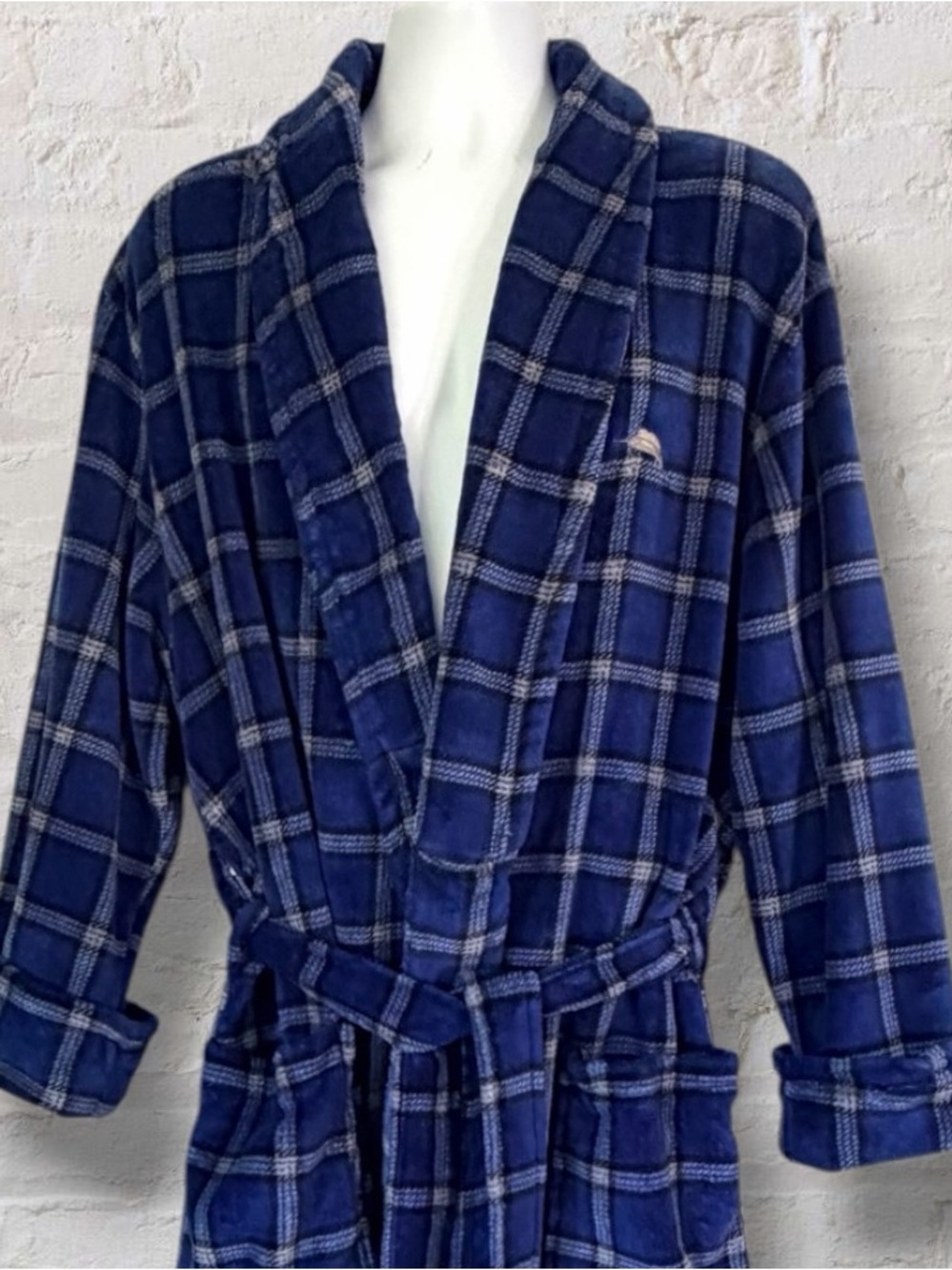 Tommy Bahama Men L/XL Blue Plaid Plush Fleece Robe Belted Pockets